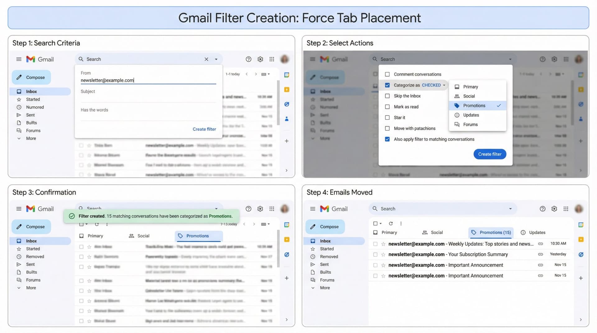 Step-by-step Gmail filter creation interface showing how to categorize emails into Primary tab
